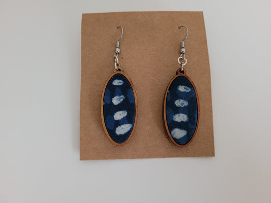 Oval-Shaped Reclaimed Wood & Fabric Dangle Earrings