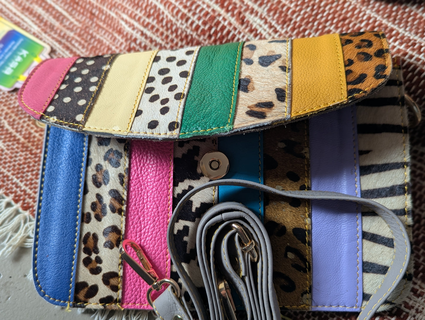 Rainbow Leather Crossbody Handbag or Clutch small with animal hide