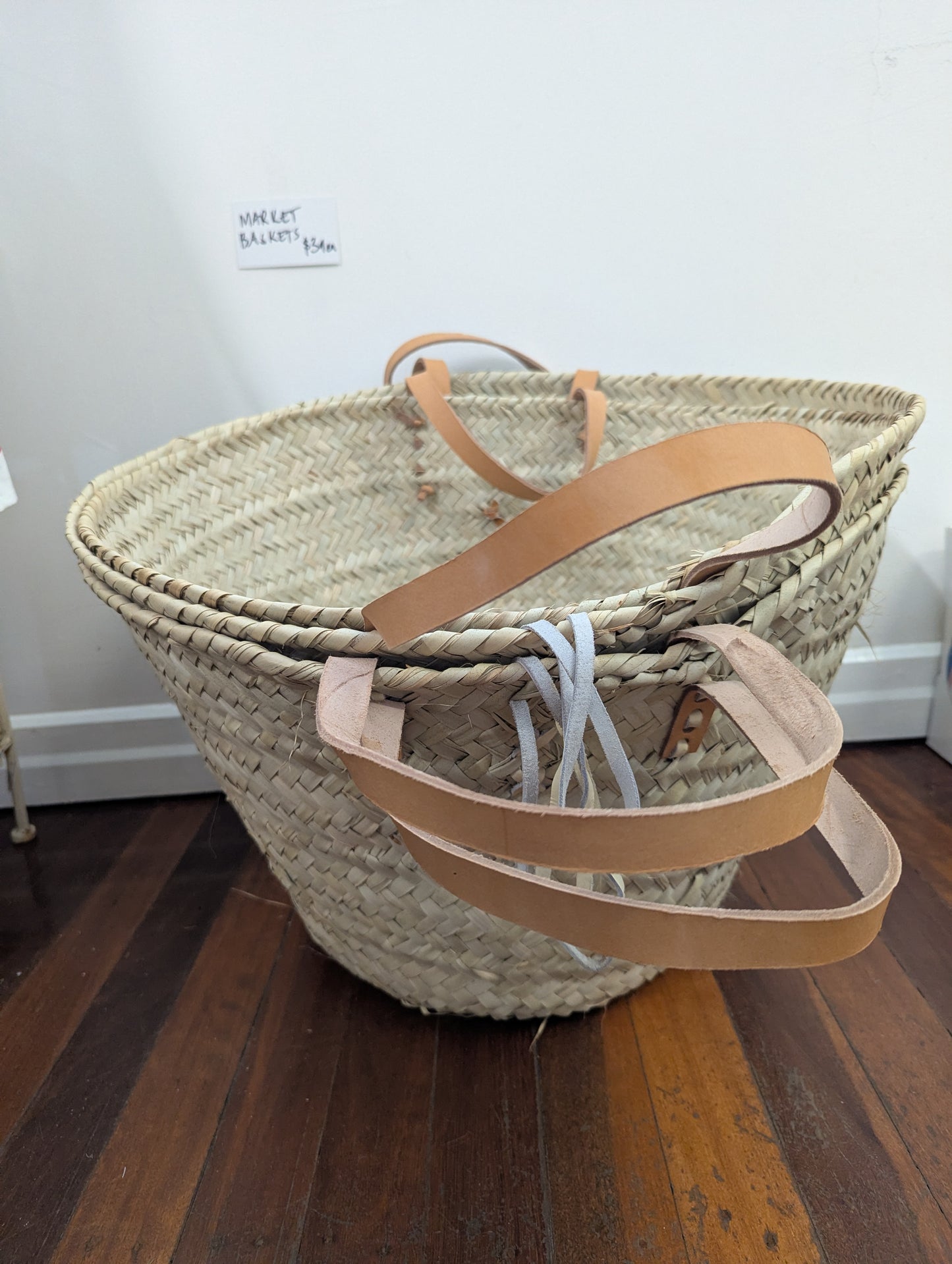 Large market baskets with leather handle