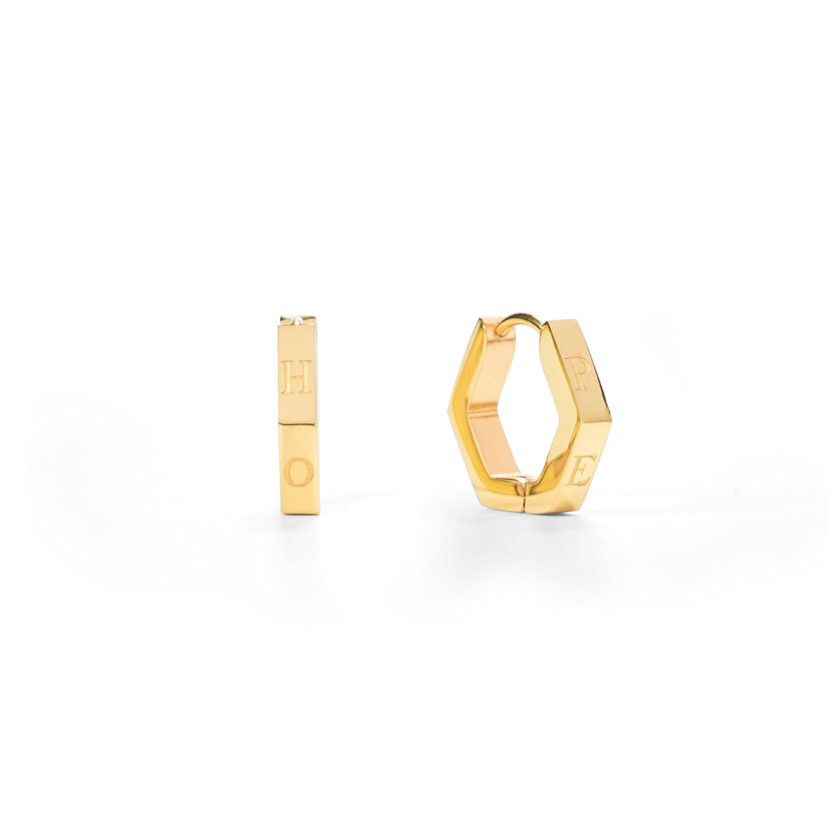 Hope in a Hexagon Huggie Earrings - Stainless Steel or Gold