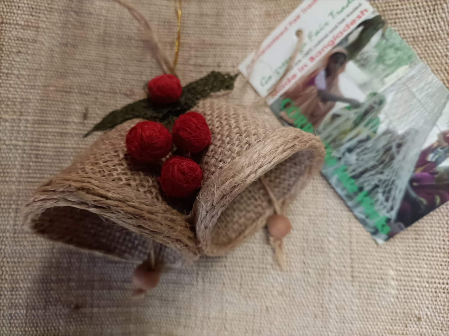 Jute Two Bells with Holly Ornament