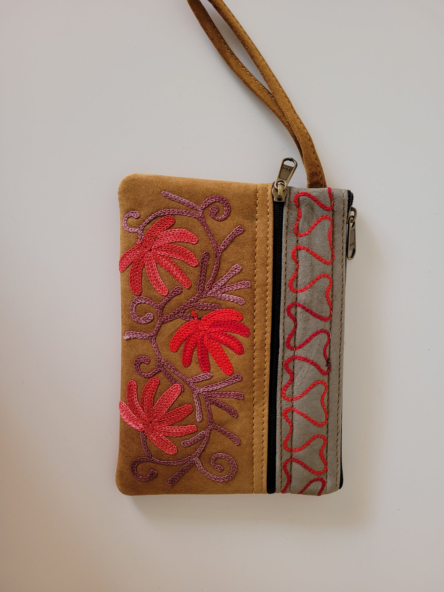 Embroidered Suede Zipper Purse