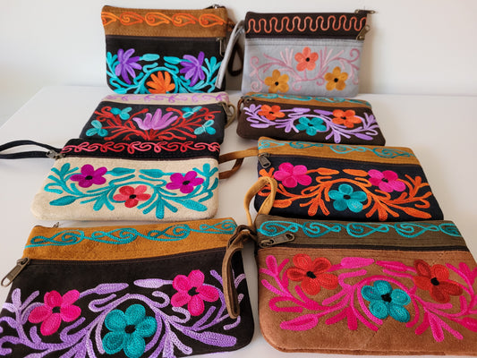 Embroidered Suede Zipper Purse
