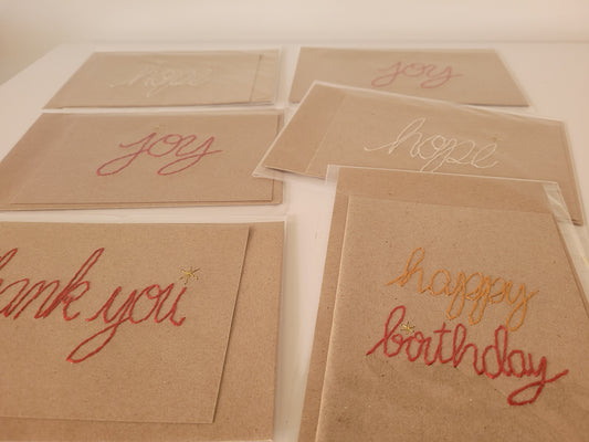 HAPPY BIRTHDAY, THANK YOU, HOPE, JOY, MERRY CHRISTMAS handstitched cards