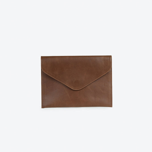 Kamala Leather Clutch in Navy Peony Crosses print in Brown leather