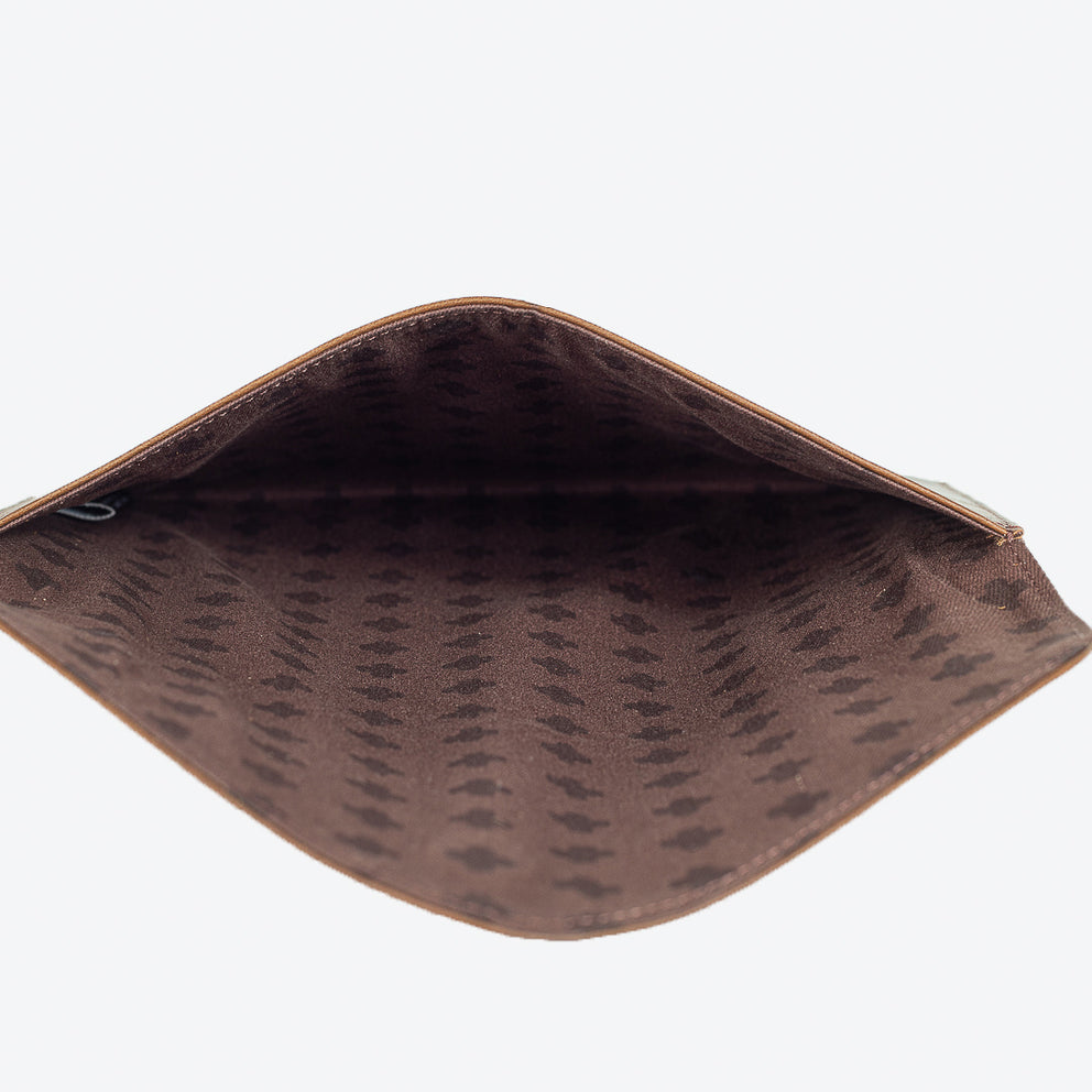 Kamala Leather Clutch in Navy Peony Crosses print in Brown leather