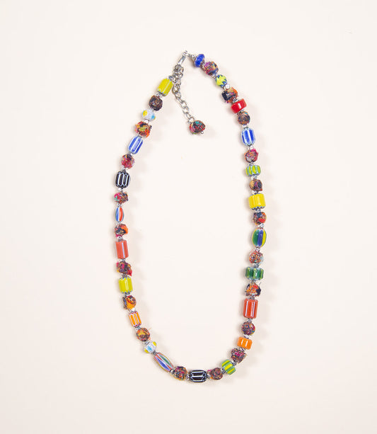 Gutka Glass Bead Necklace Silver Brass