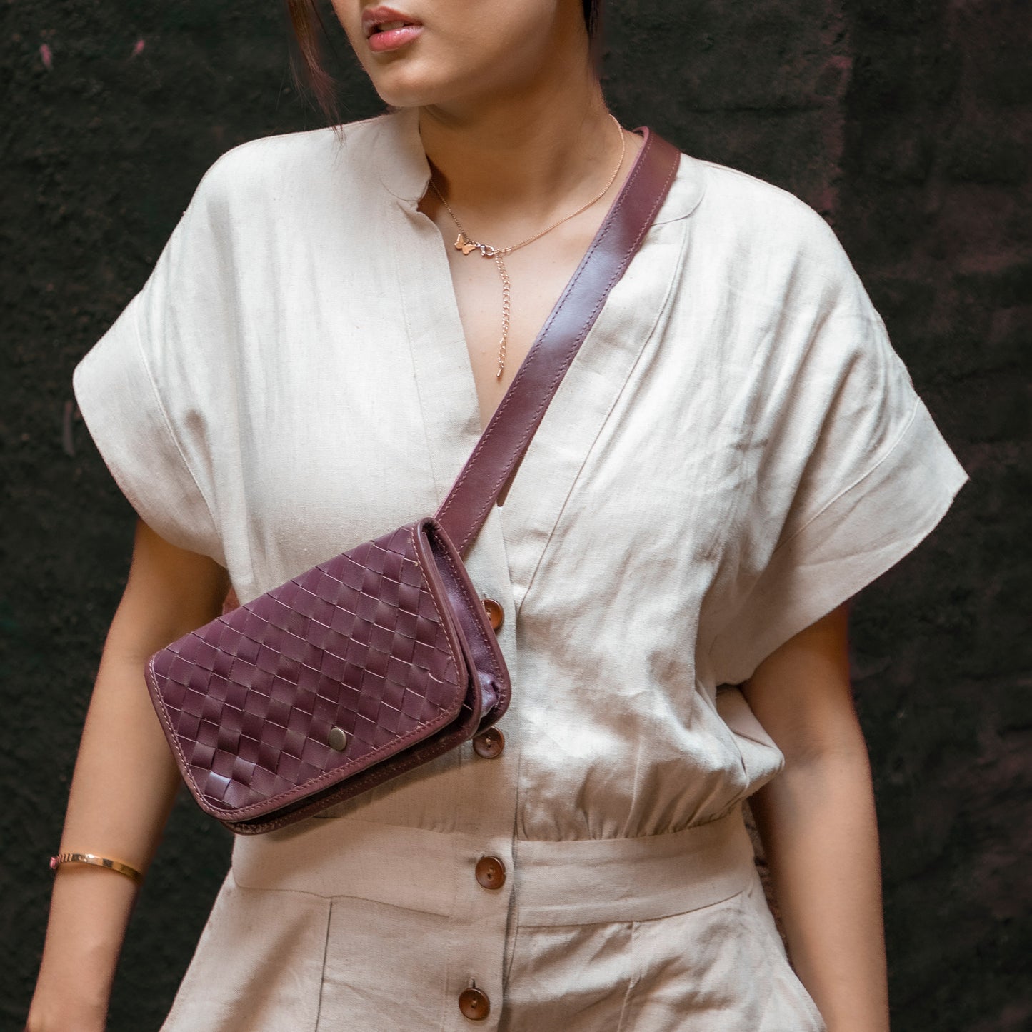 Woven Belt Bag Brown Leather
