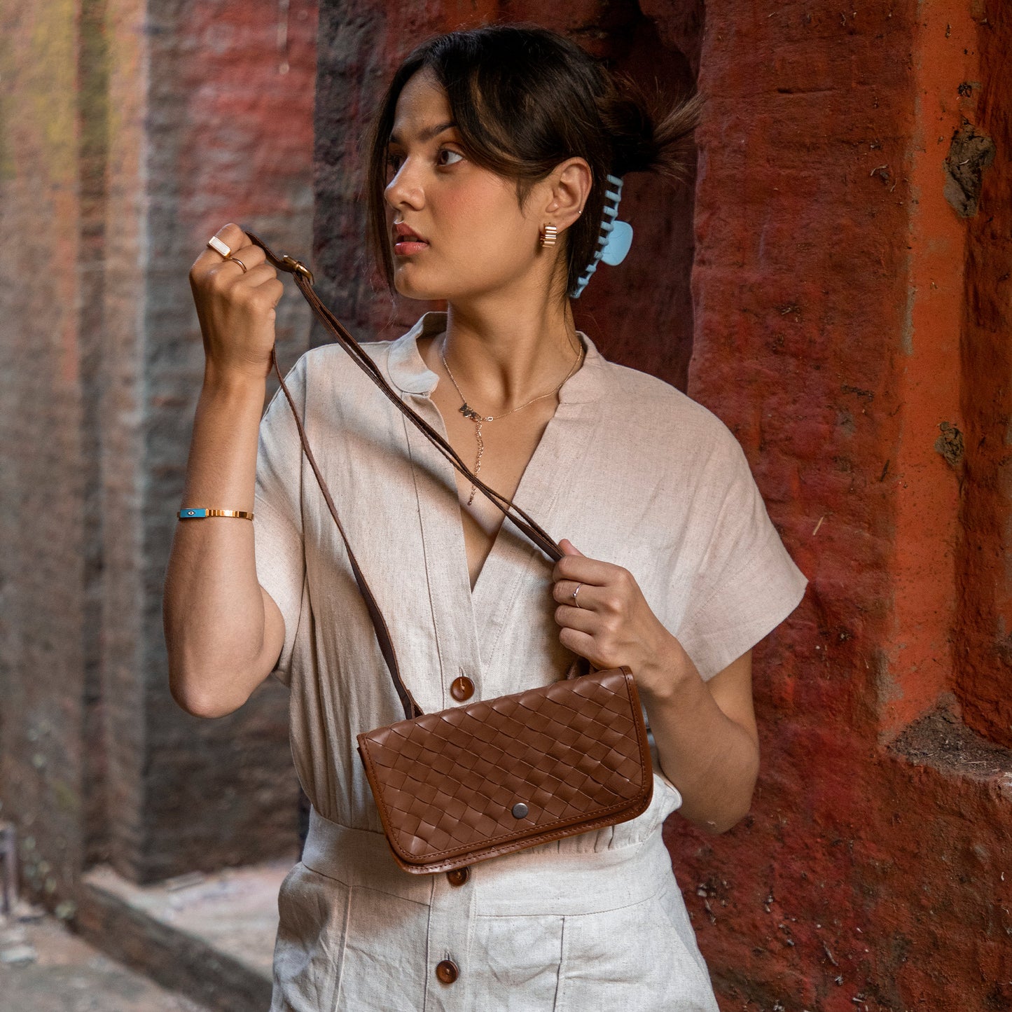 Woven Belt Bag Brown Leather