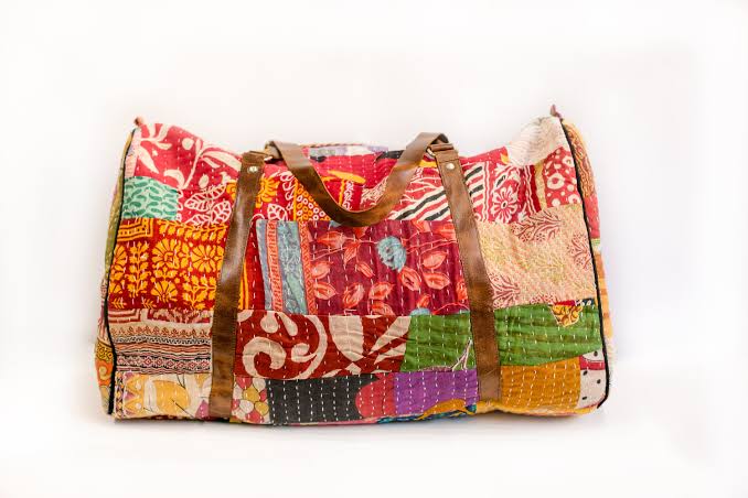 Kantha and Leather weekender bag