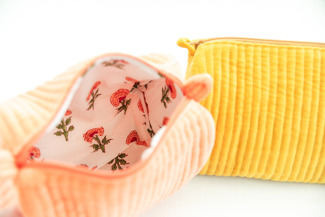 Velvet & Block Print Lined Cosmetic Pouch in 4 colours