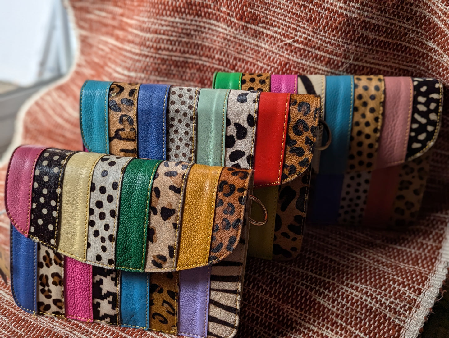 Rainbow Leather Crossbody Handbag or Clutch small  with animal hide