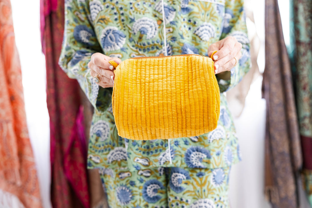 Velvet & Block Print Lined Cosmetic Pouch in 4 colours