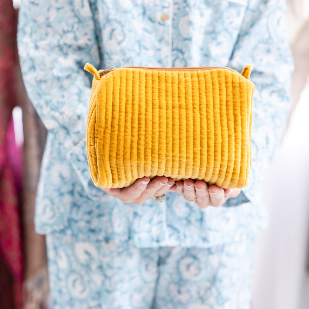 Velvet & Block Print Lined Cosmetic Pouch in 4 colours