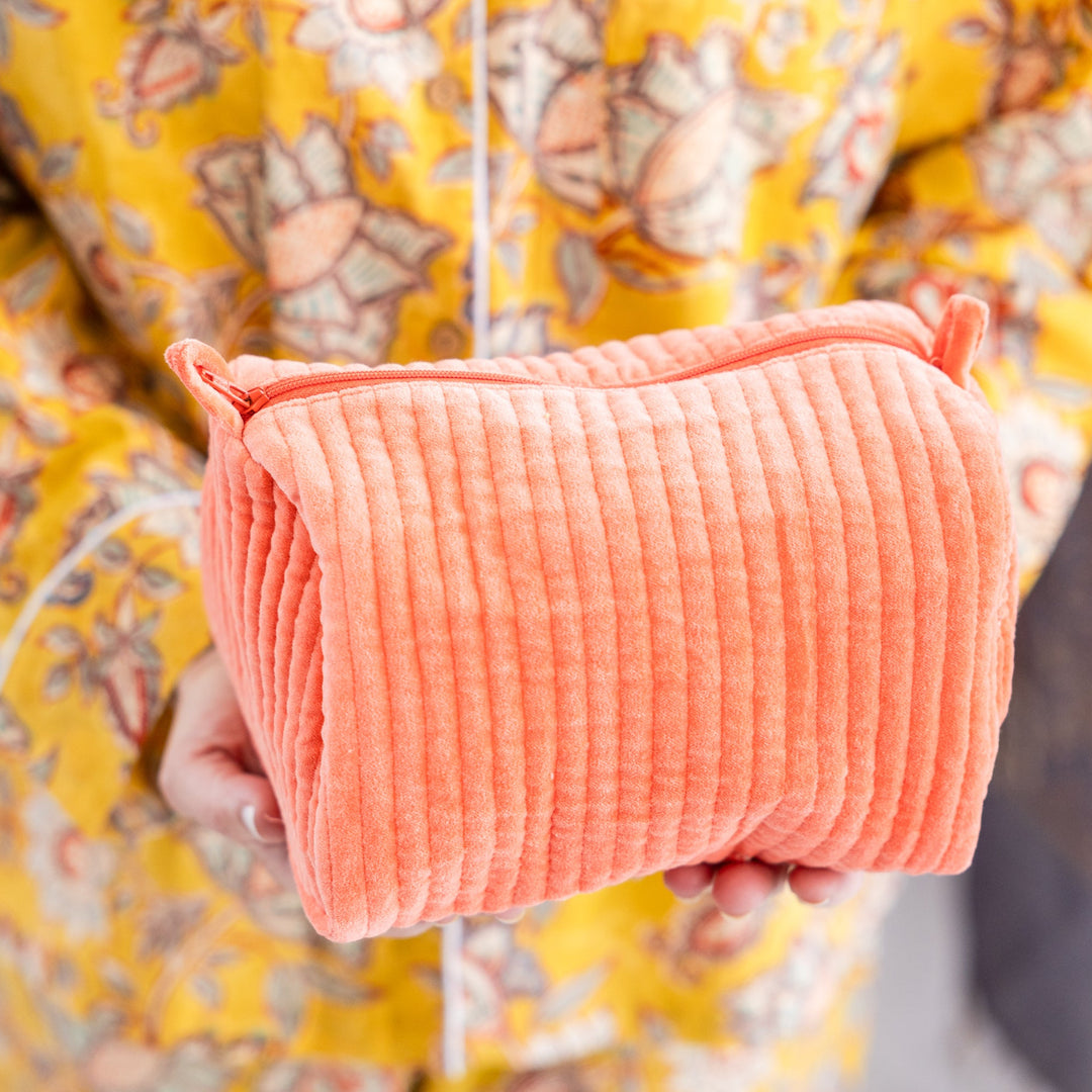 Velvet & Block Print Lined Cosmetic Pouch in 4 colours