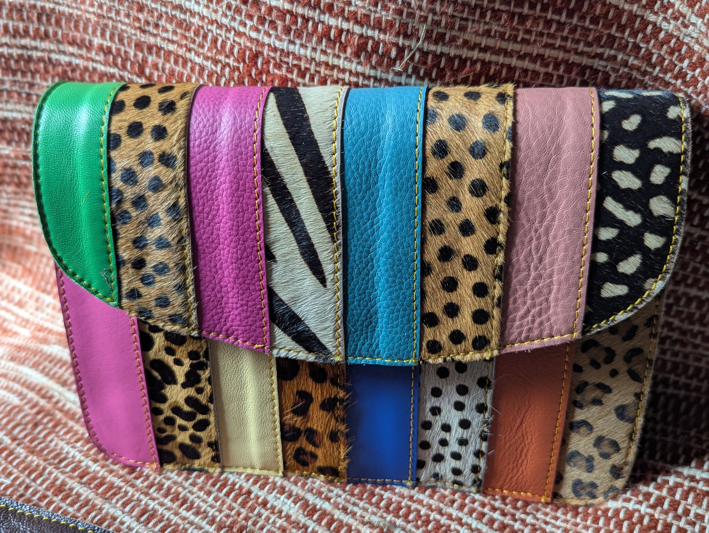 Rainbow Leather Crossbody Handbag or Clutch small  with animal hide