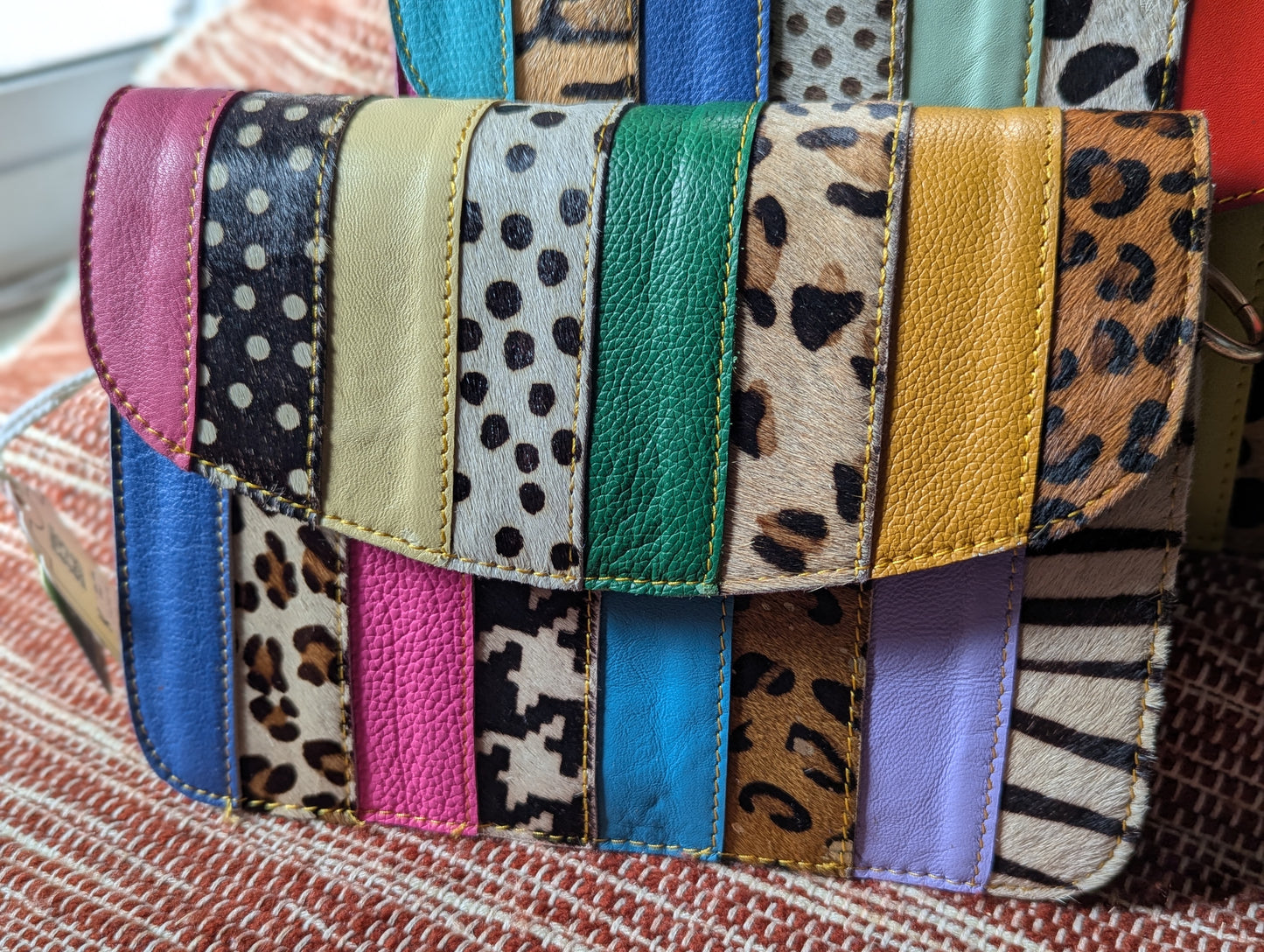Rainbow Leather Crossbody Handbag or Clutch small  with animal hide