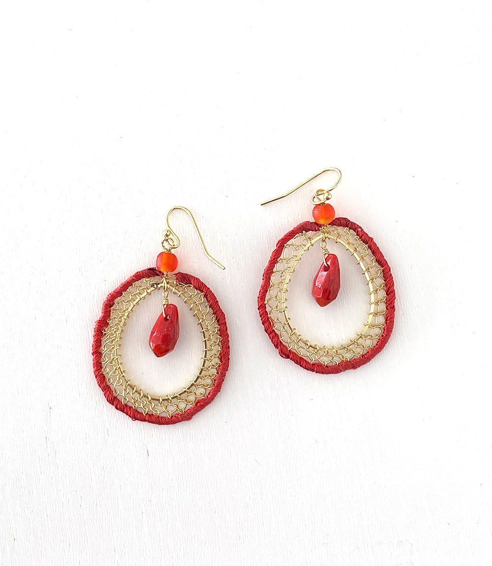 Upcycled fabric earrings red silk thread
