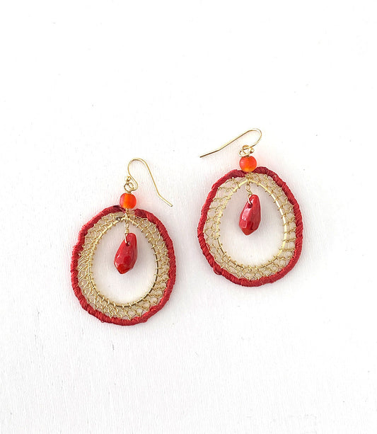 Upcycled fabric earrings red silk thread