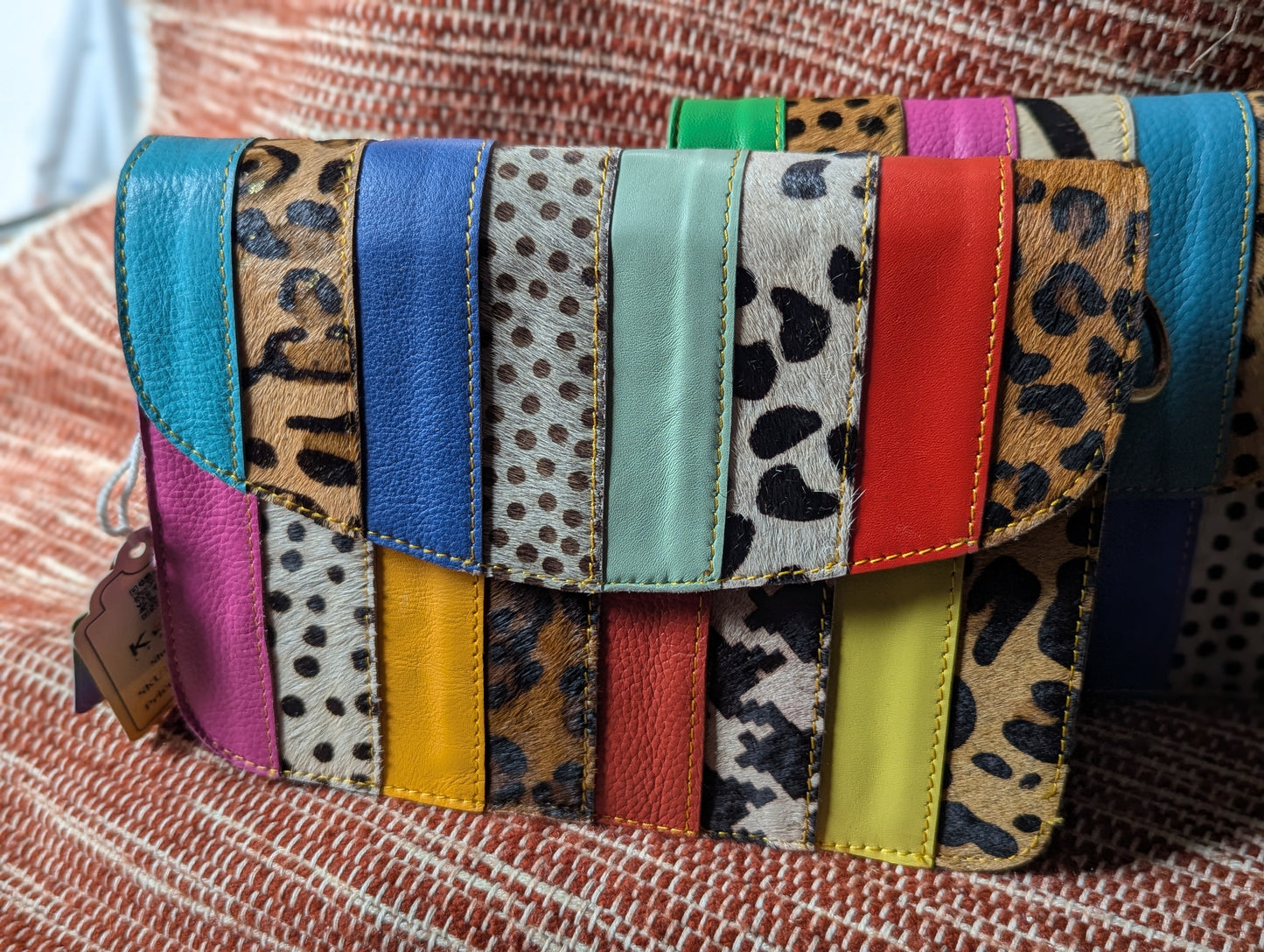 Rainbow Leather Crossbody Handbag or Clutch small  with animal hide