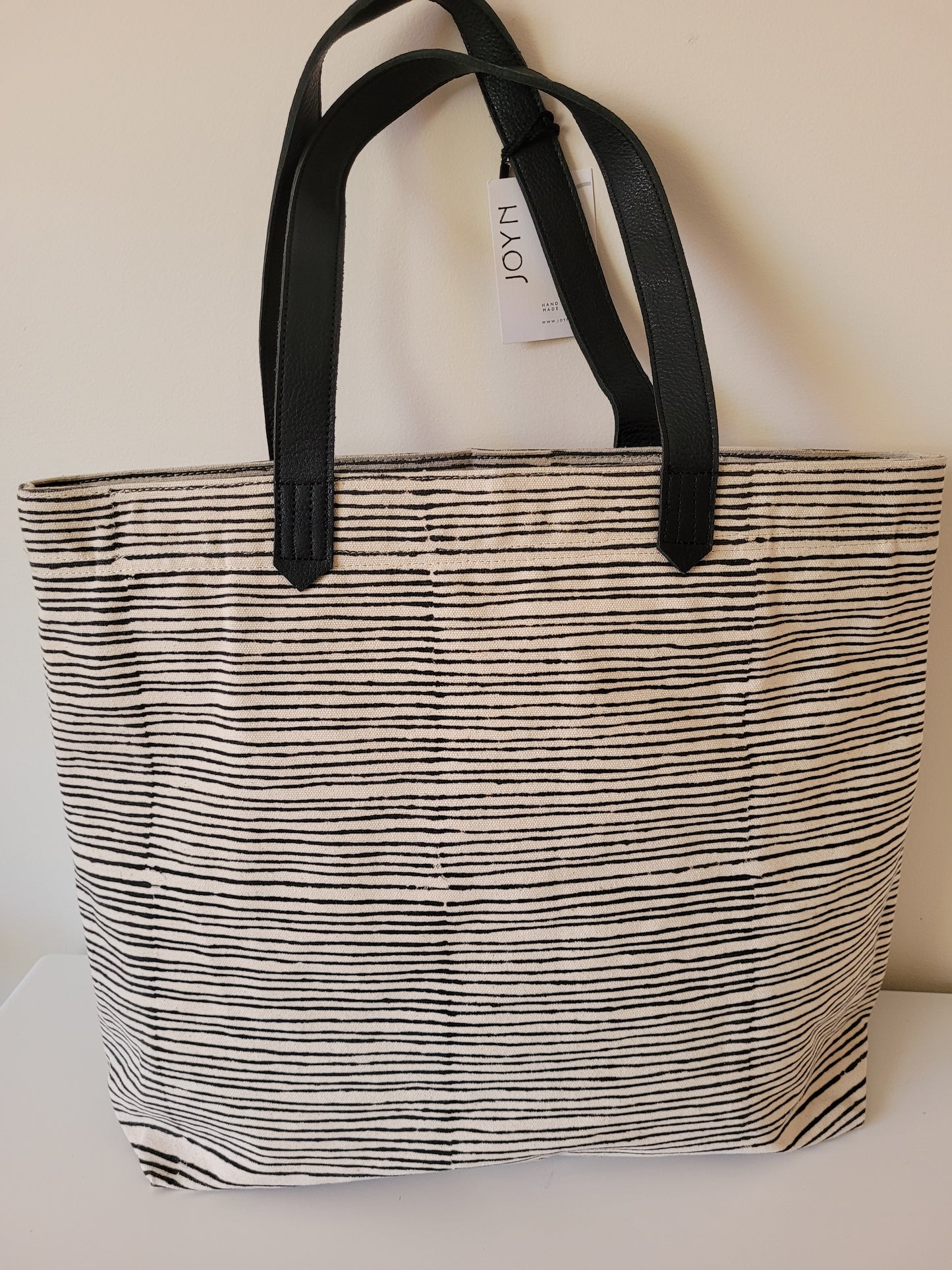 Black and White Striped Canvas and Leather Tote