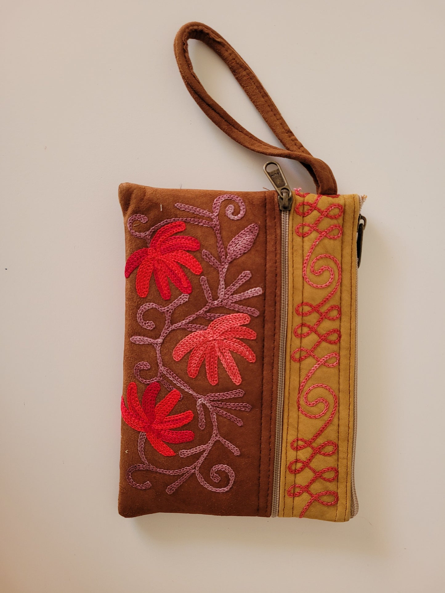 Embroidered Suede Zipper Purse
