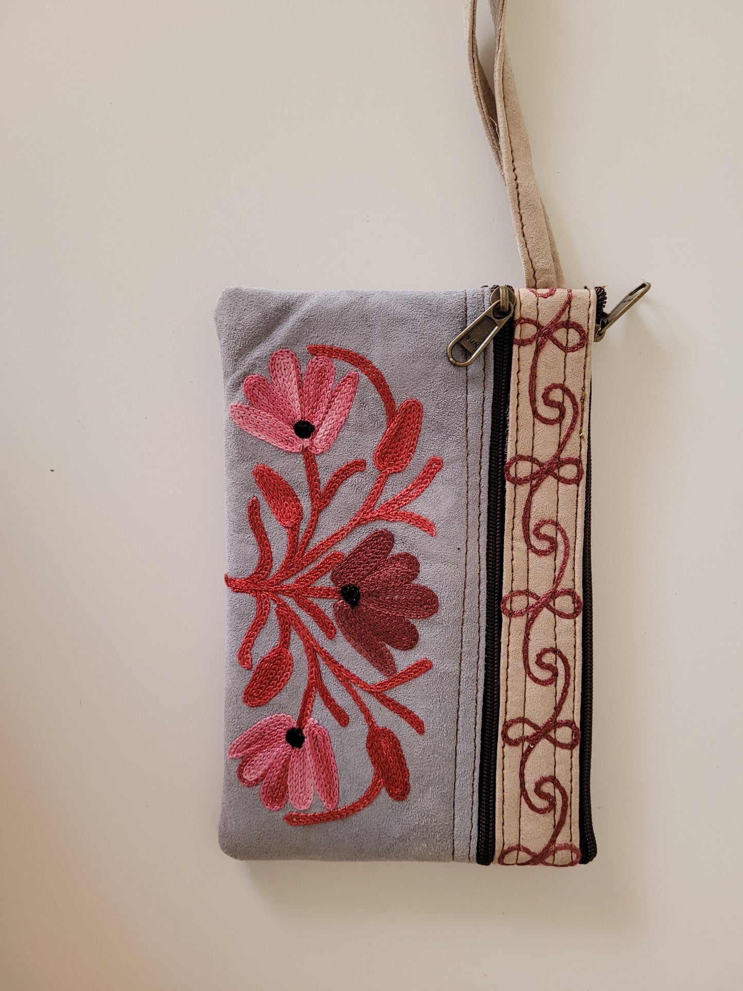 Embroidered Suede Zipper Purse