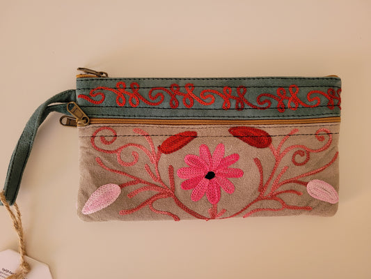 Embroidered Suede 3 Zipper Purse