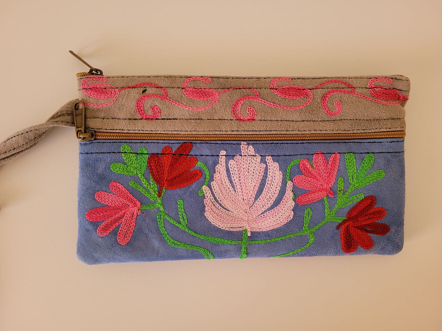 Embroidered Suede 3 Zipper Purse